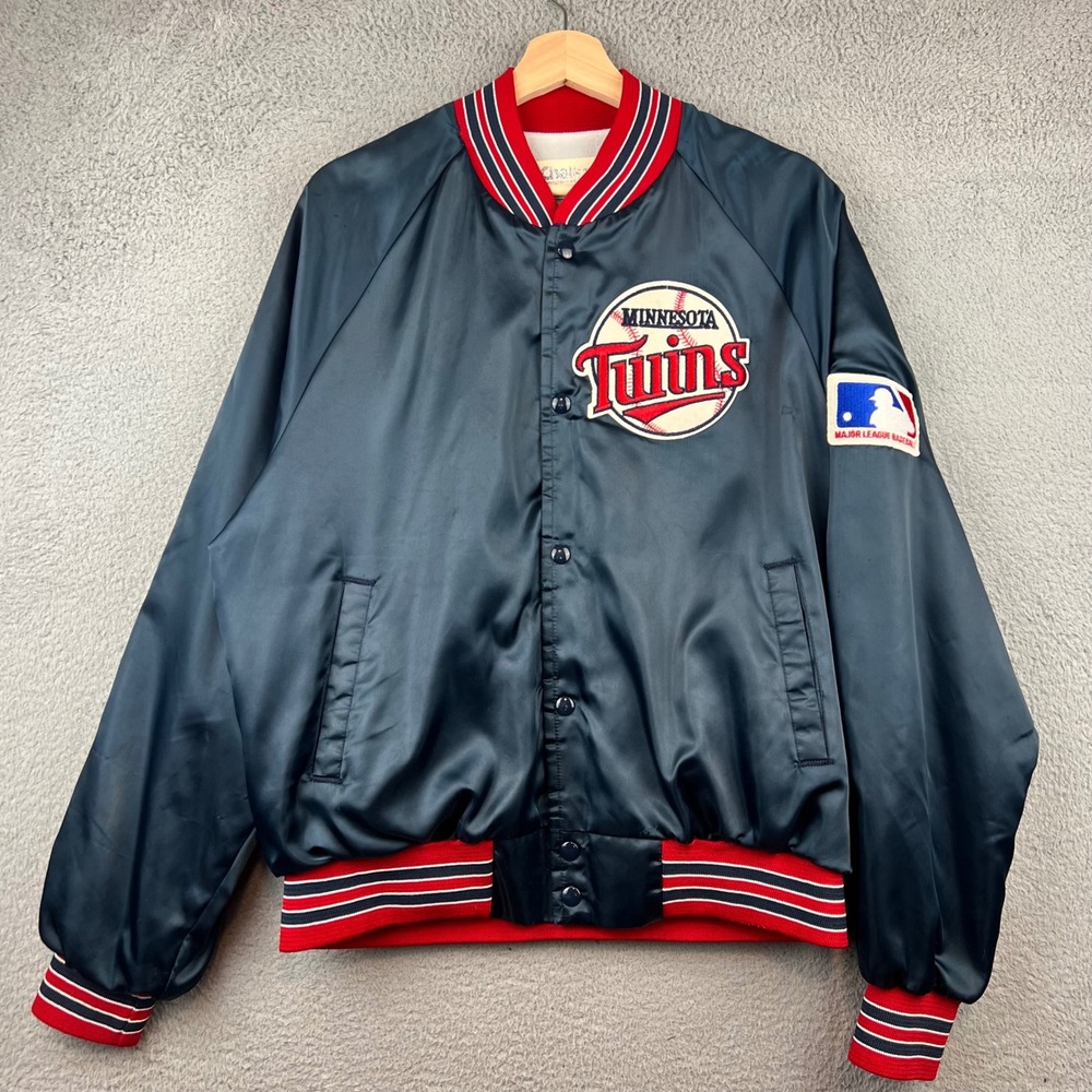 Vintage 80s Chalk Line Minnesota Twins Satin Bomber Jacket L Blue MLB USA